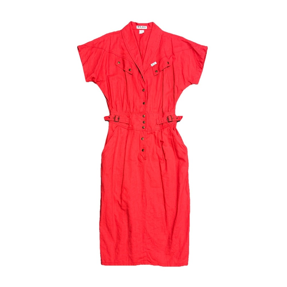 Nok Nok Vintage Red Safari Utility Midi Dress Snap Front‎ V Neck Womens Size M